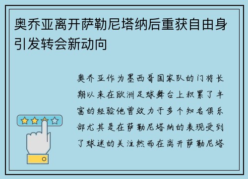 奥乔亚离开萨勒尼塔纳后重获自由身引发转会新动向