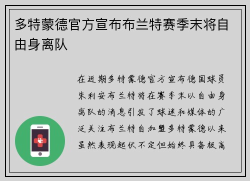 多特蒙德官方宣布布兰特赛季末将自由身离队