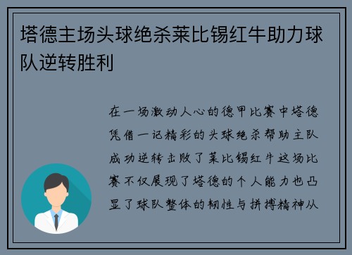塔德主场头球绝杀莱比锡红牛助力球队逆转胜利